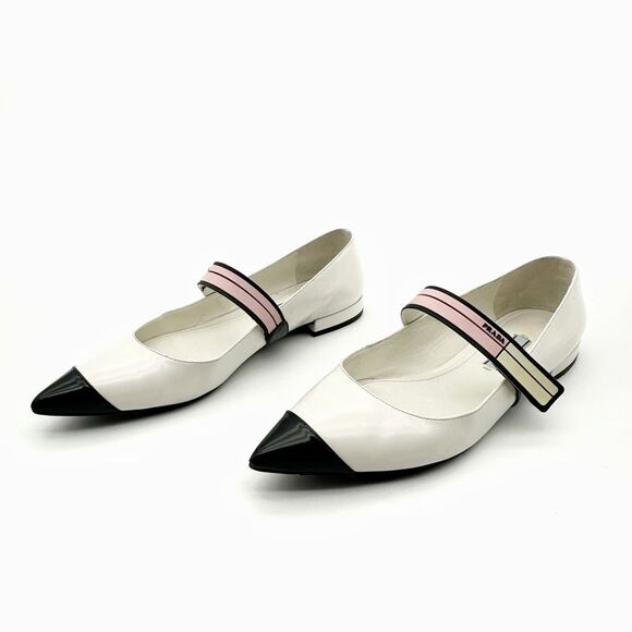 PRADA Mary Jane Cap Pointed Toe Ballet Flats Size 37 US 6.5 White Black Pink - Picture 1 of 10